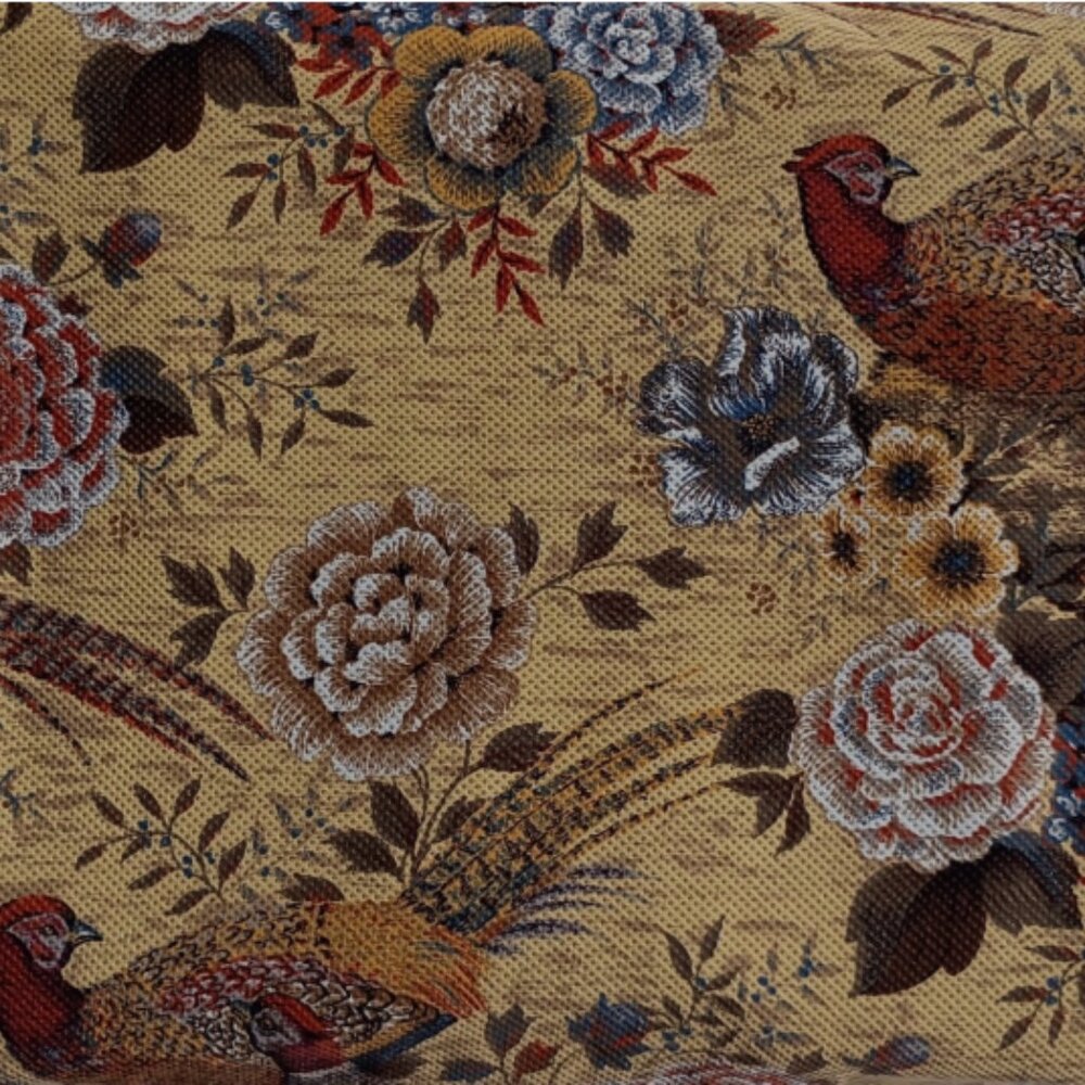 Vintage 70s Upholstery Fabric 9.5 YD Pheasant Birds Floral Pique Material MCM